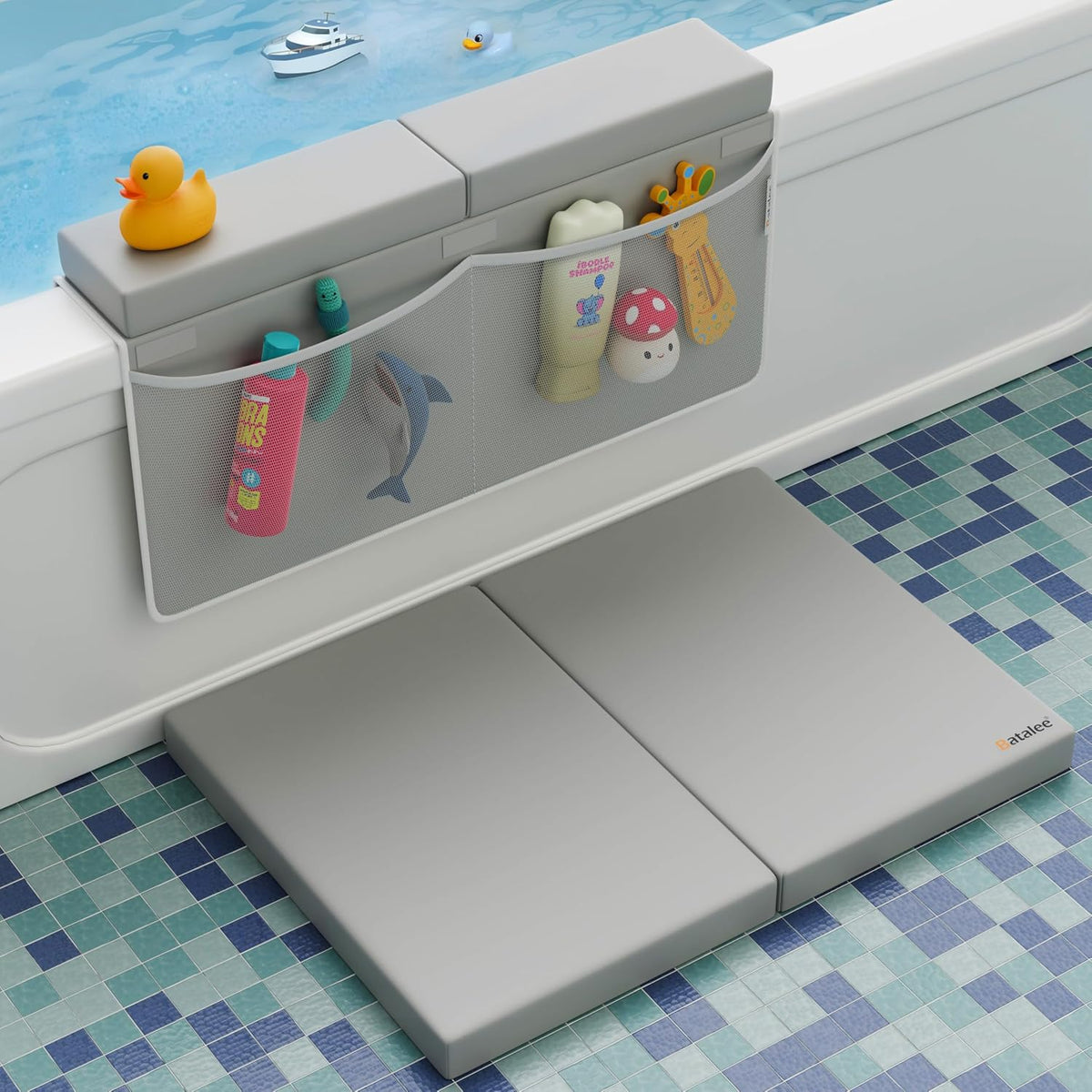 Bath Kneeler and Elbow Rest Pad Set - Baby Bath Kneeler, Bathtub Kneeling Pad, Kneeling Pad for Bathing Baby, Knee & Elbow Saver with 4 Toy Organizer Pockets, Large 22 × 13 in, Gray