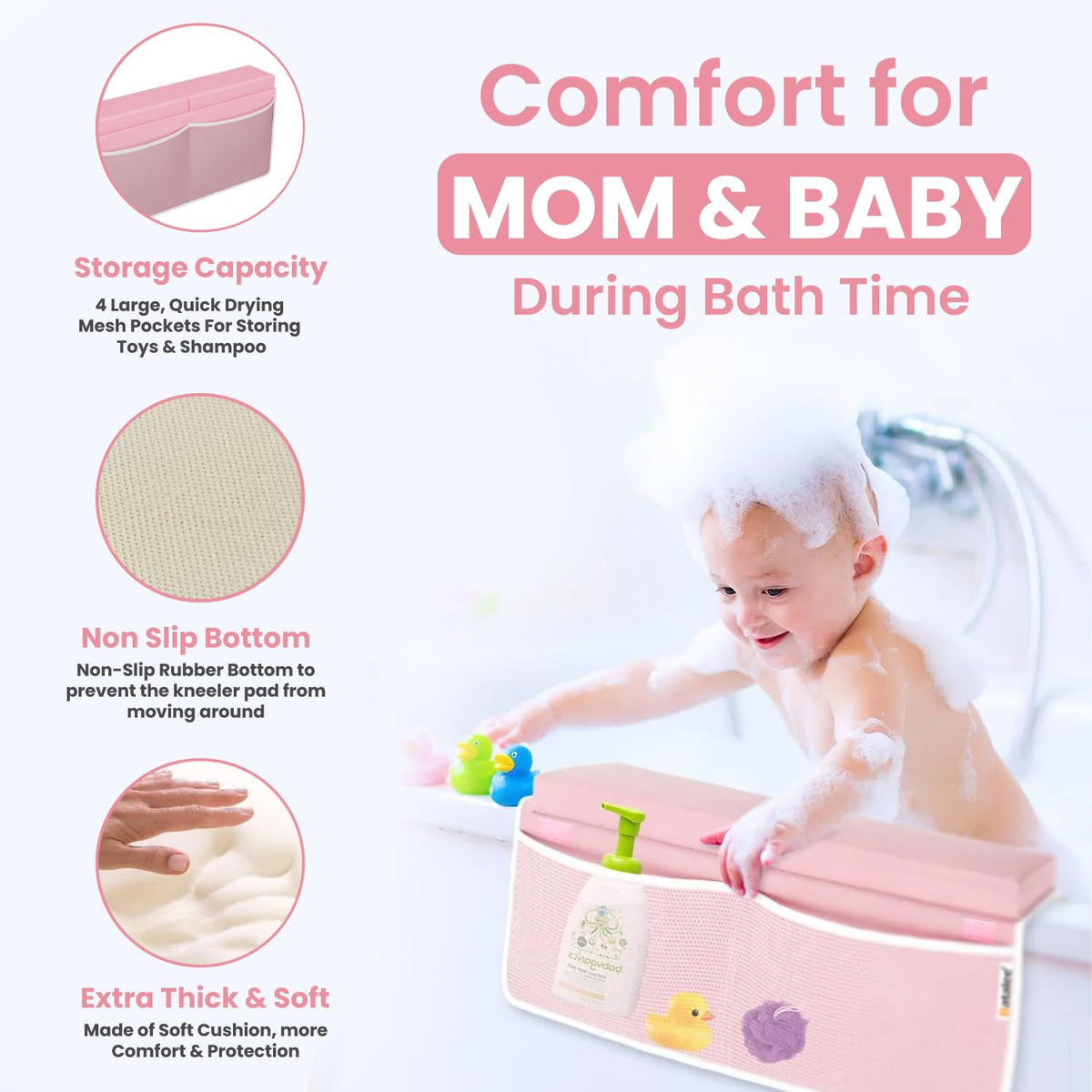 Bath Kneeler and Elbow Rest Pad Set - Baby Bath Kneeler, Bathtub Kneeling Pad, Kneeling Pad for Bathing Baby, Knee & Elbow Saver with 4 Toy Organizer Pockets, Large 22 × 13 in, Gray
