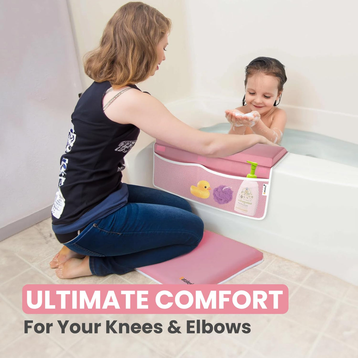 Bath Kneeler and Elbow Rest Pad Set - Baby Bath Kneeler, Bathtub Kneeling Pad, Kneeling Pad for Bathing Baby, Knee & Elbow Saver with 4 Toy Organizer Pockets, Large 22 × 13 in, Gray