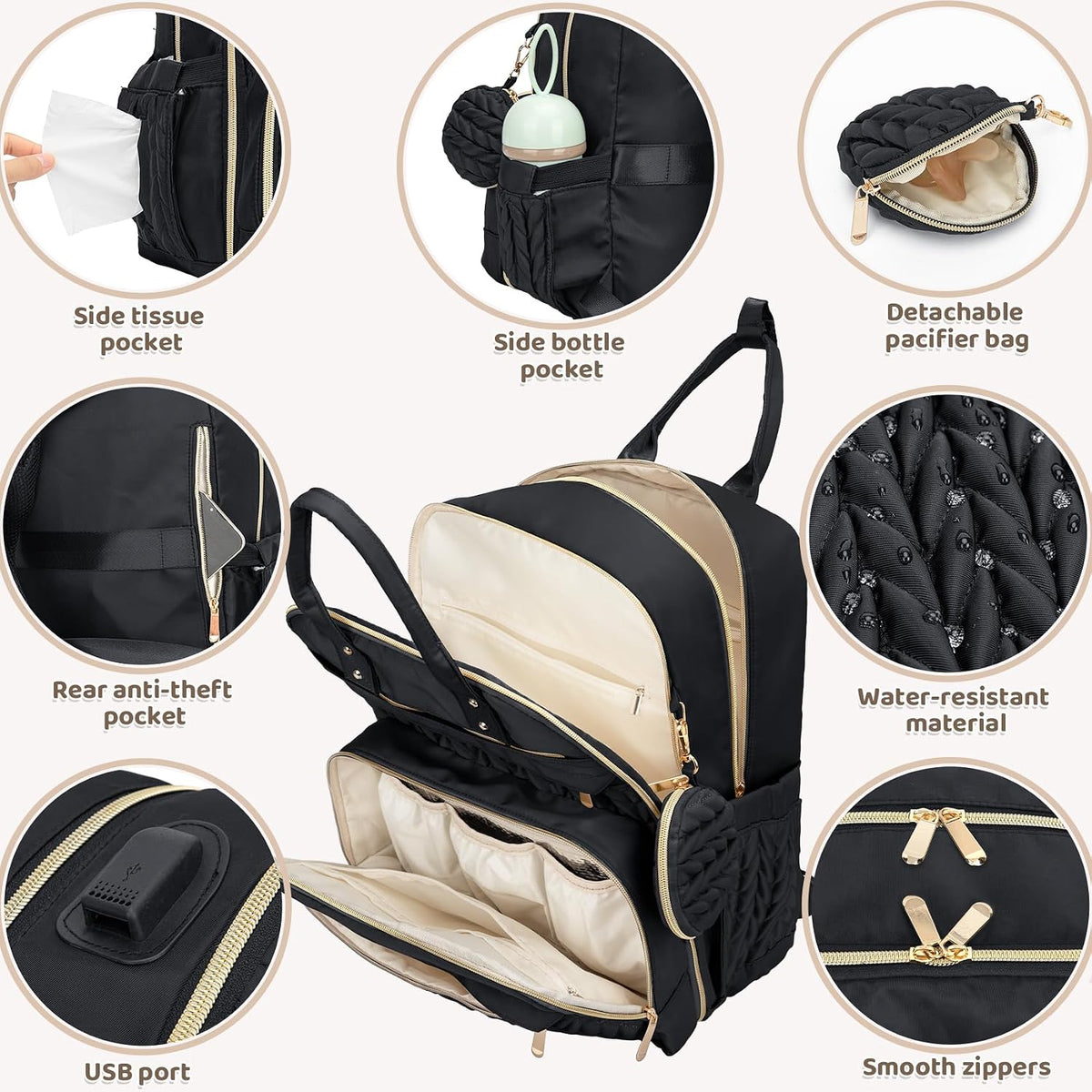 Diaper Bag Backpack, Waterproof Large Baby Bag with Changing Pad, Khaki