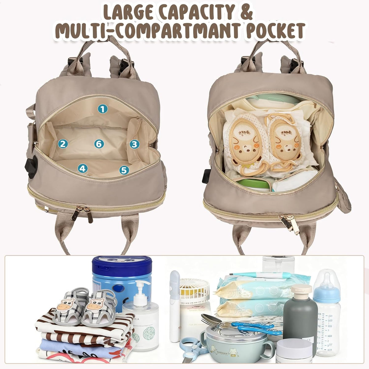 Diaper Bag Backpack, Waterproof Large Baby Bag with Changing Pad, Khaki