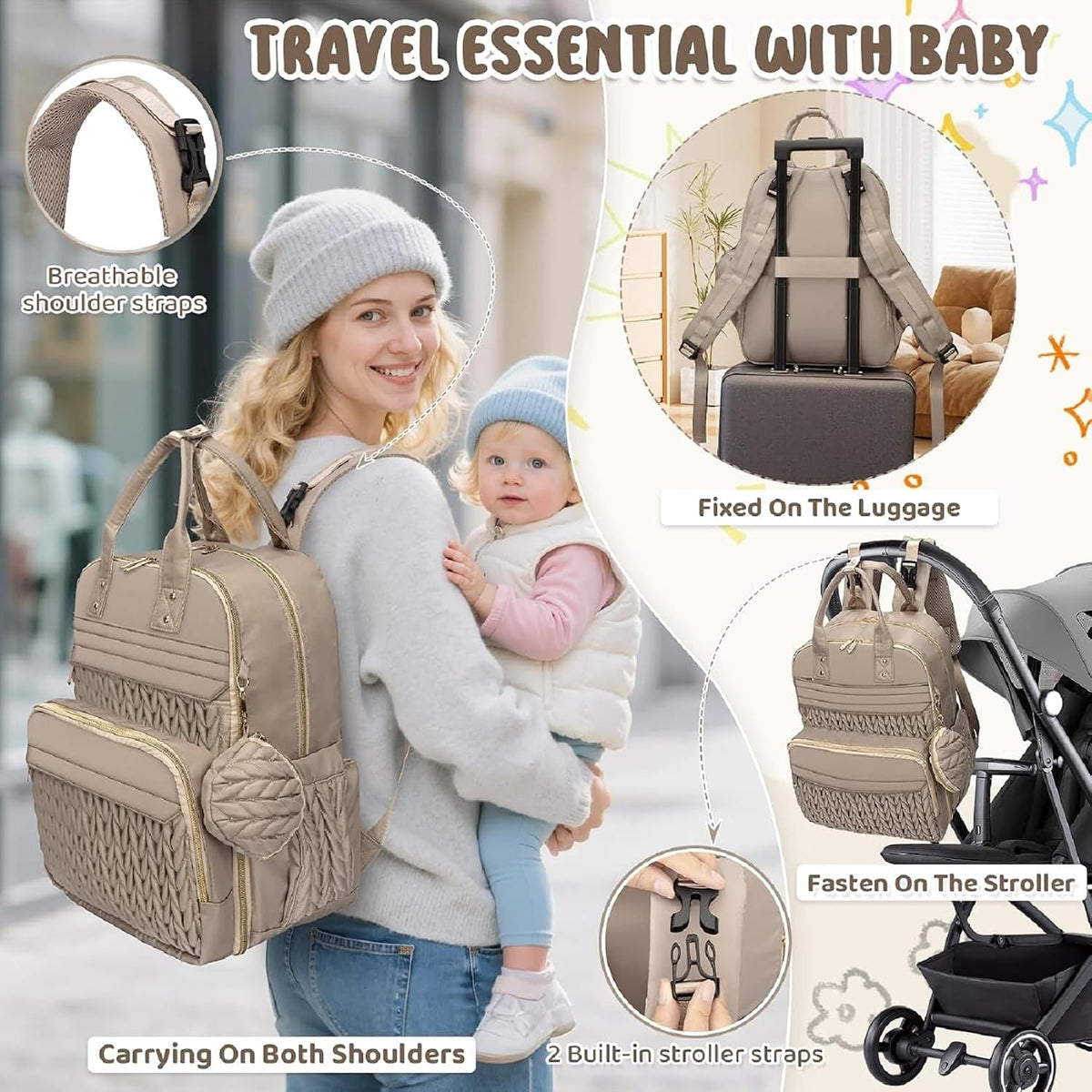 Diaper Bag Backpack, Waterproof Large Baby Bag with Changing Pad, Khaki