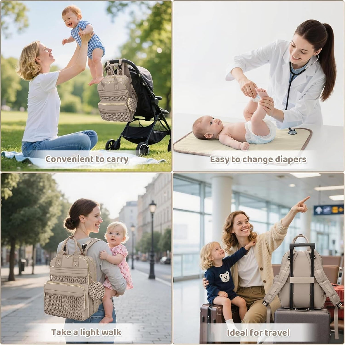 Diaper Bag Backpack, Waterproof Large Baby Bag with Changing Pad, Khaki