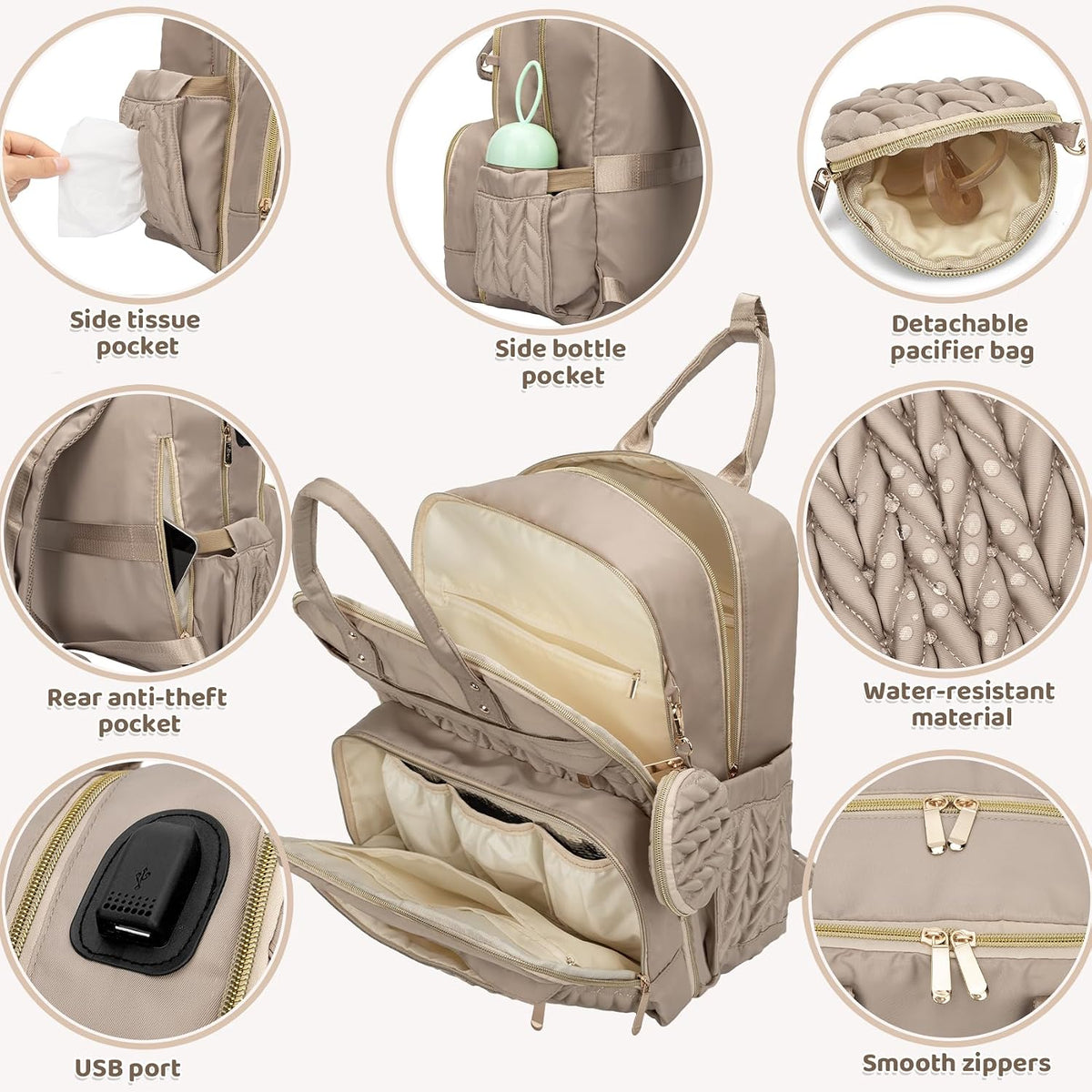 Diaper Bag Backpack, Waterproof Large Baby Bag with Changing Pad, Khaki
