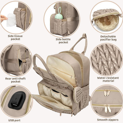 Diaper Bag Backpack, Waterproof Large Baby Bag with Changing Pad, Khaki