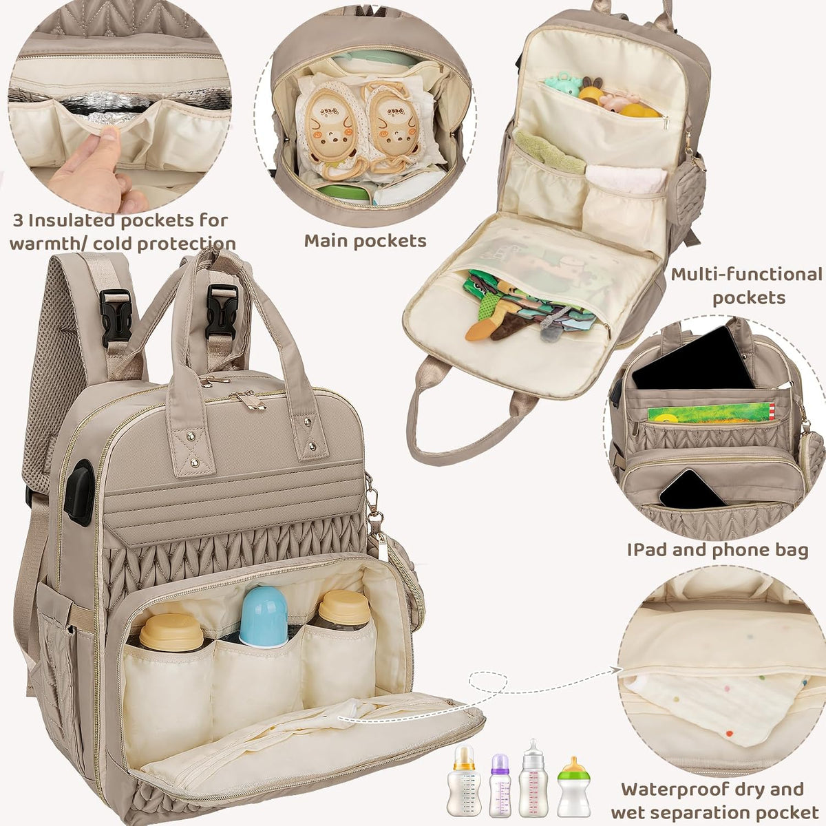Diaper Bag Backpack, Waterproof Large Baby Bag with Changing Pad, Khaki