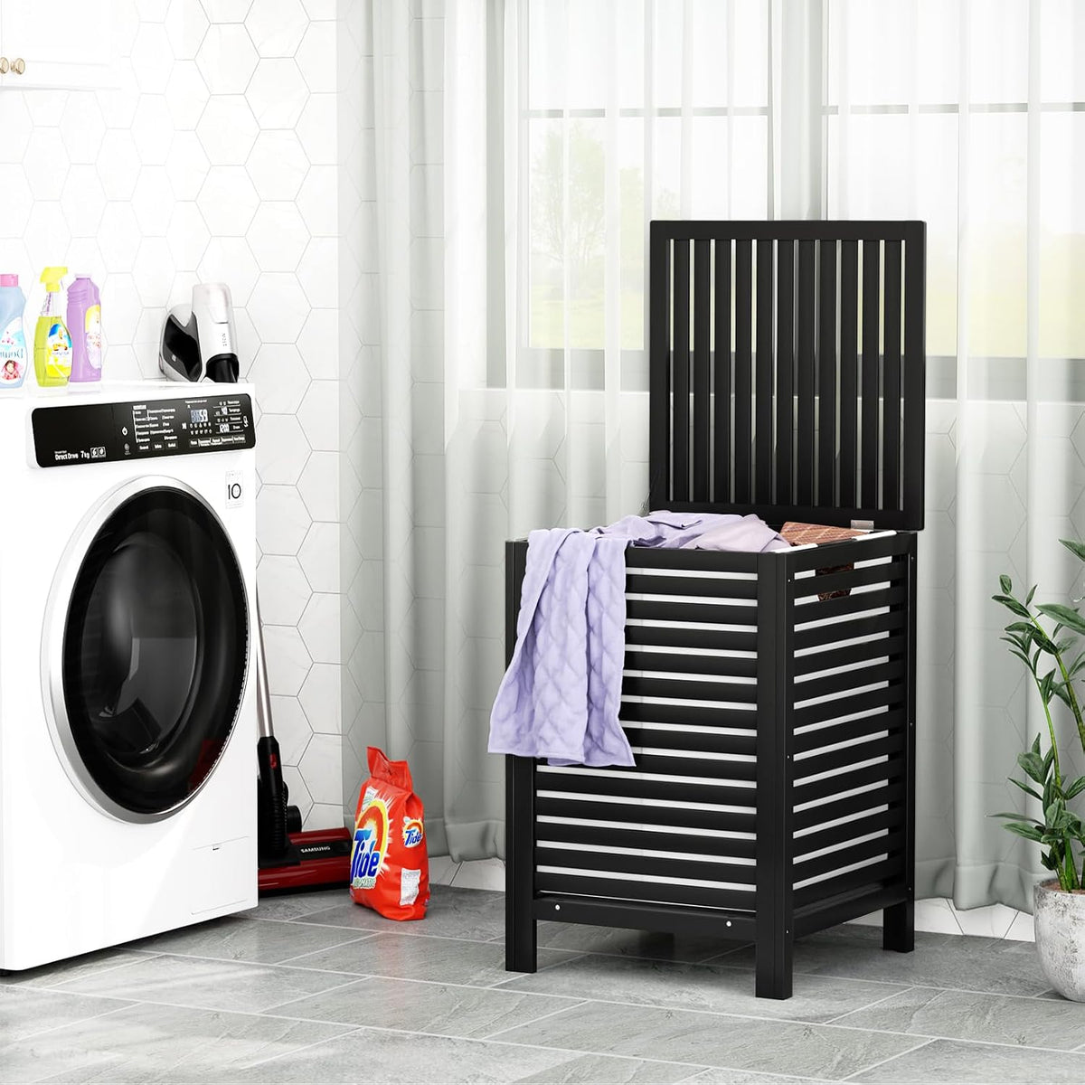 120L Bamboo Laundry Hamper with Lid and Removable Liner Bag, Black
