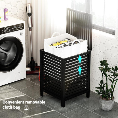 120L Bamboo Laundry Hamper with Lid and Removable Liner Bag, Black