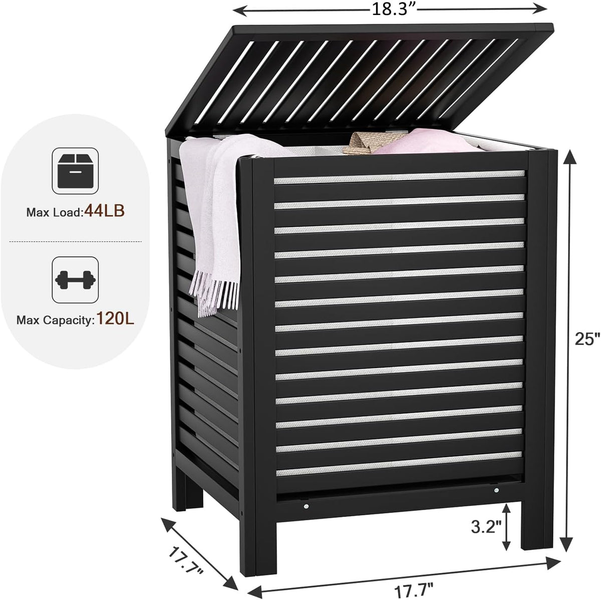 120L Bamboo Laundry Hamper with Lid and Removable Liner Bag, Black