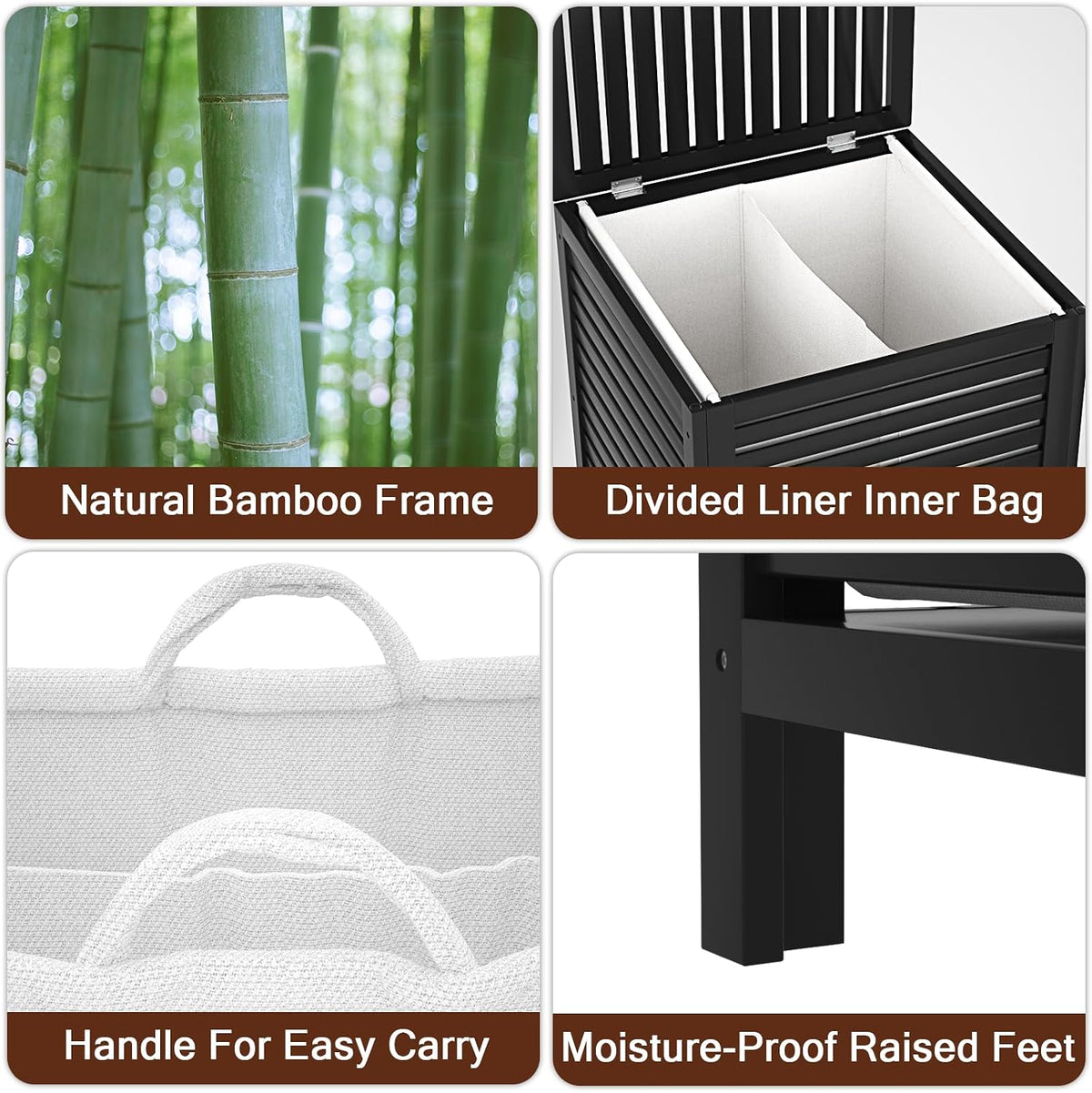 120L Bamboo Laundry Hamper with Lid and Removable Liner Bag, Black