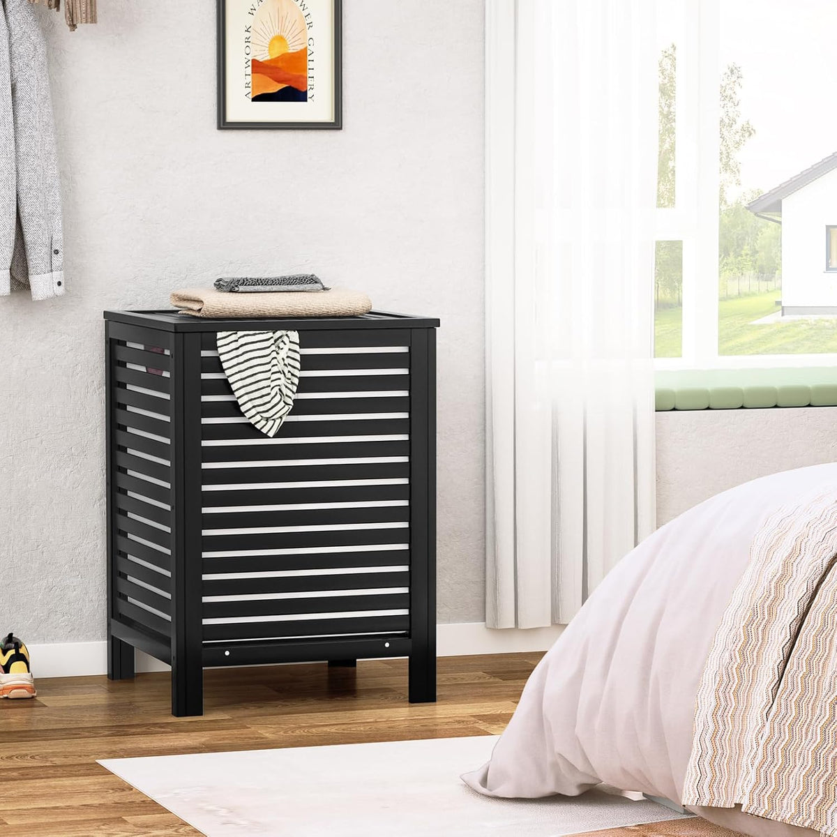 120L Bamboo Laundry Hamper with Lid and Removable Liner Bag, Black