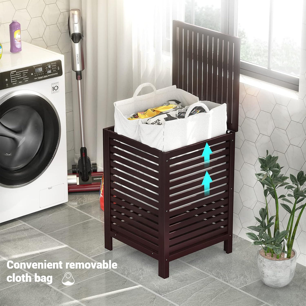 120L Bamboo Laundry Hamper with Lid and Removable Liner Bag, Black
