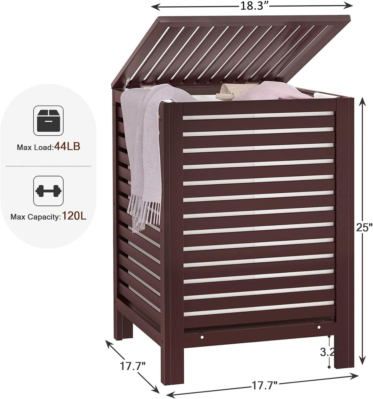 120L Bamboo Laundry Hamper with Lid and Removable Liner Bag, Black
