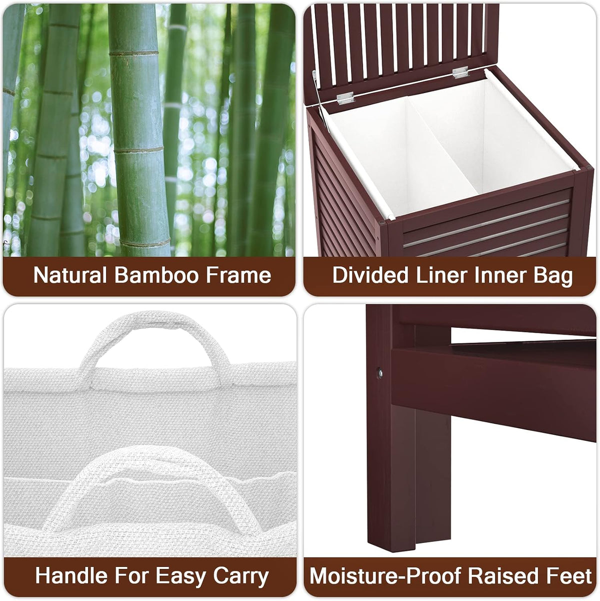 120L Bamboo Laundry Hamper with Lid and Removable Liner Bag, Black