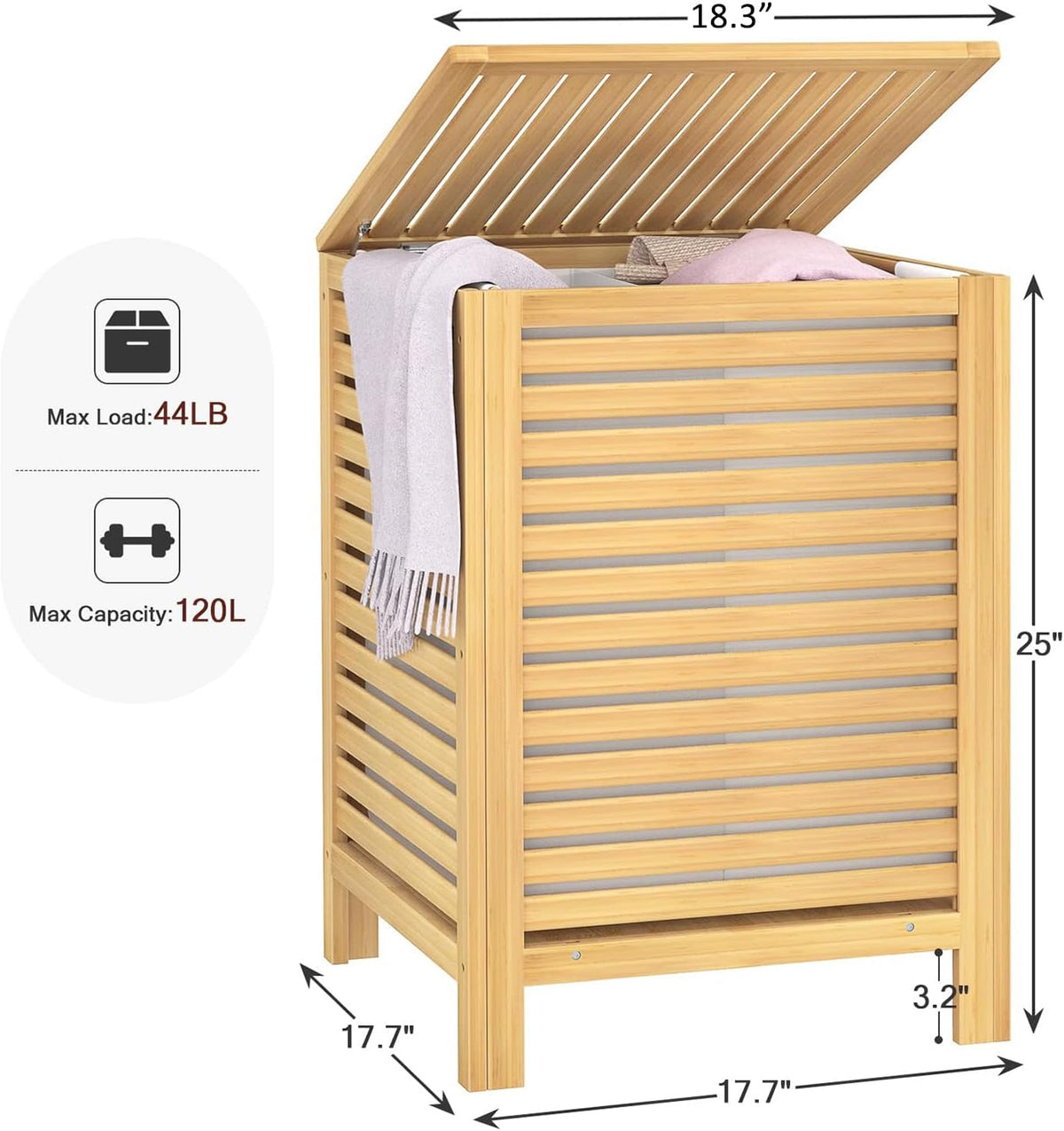 120L Bamboo Laundry Hamper with Lid and Removable Liner Bag, Black
