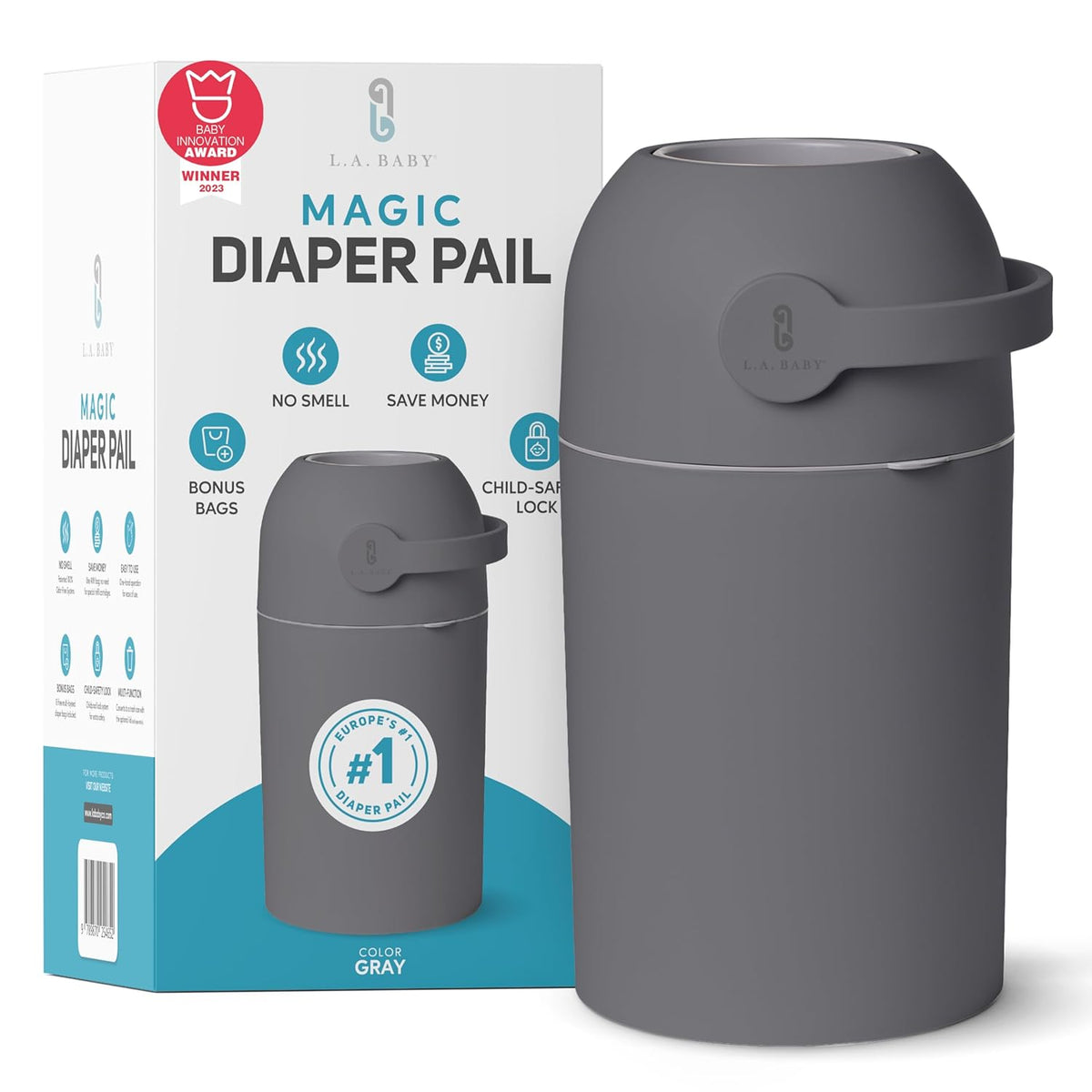 Magic Diaper Pail - Patented 100% Odor-Free System with Child-Safe Lock - Award-Winning Design - No Refills Required - Works with Regular Trash Bags - Gray
