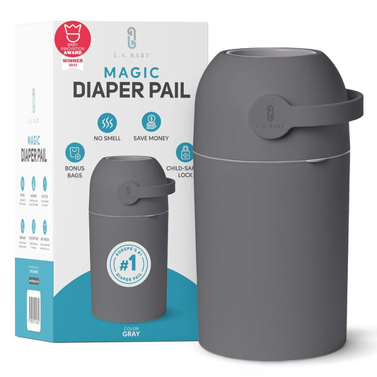 Magic Diaper Pail - Patented 100% Odor-Free System with Child-Safe Lock - Award-Winning Design - No Refills Required - Works with Regular Trash Bags - Gray
