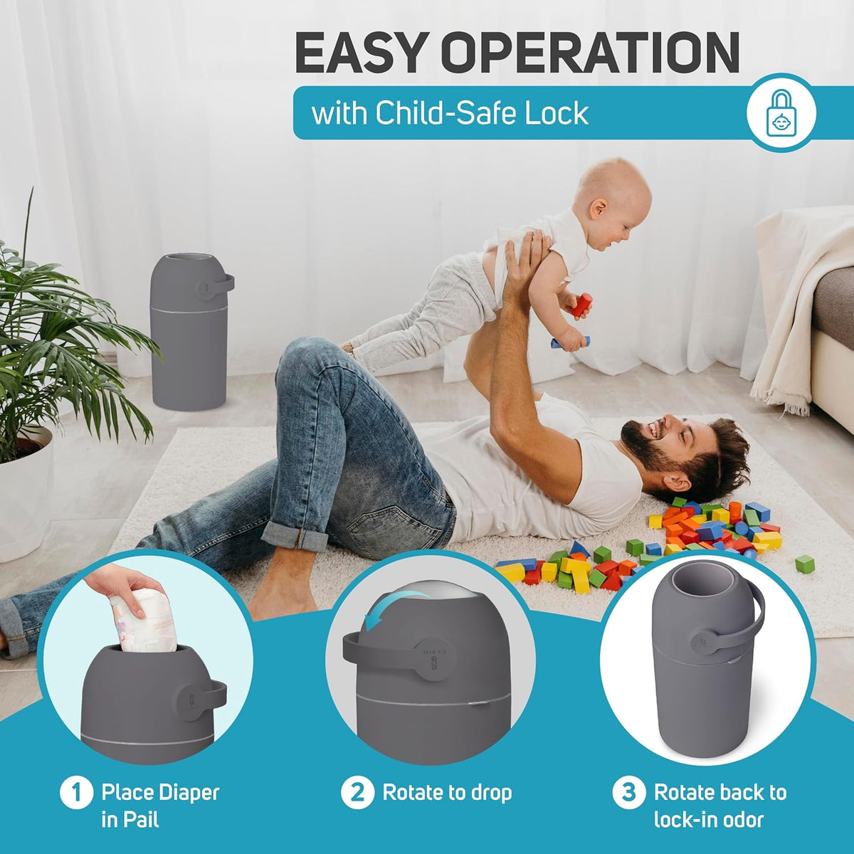 Magic Diaper Pail - Patented 100% Odor-Free System with Child-Safe Lock - Award-Winning Design - No Refills Required - Works with Regular Trash Bags - Gray
