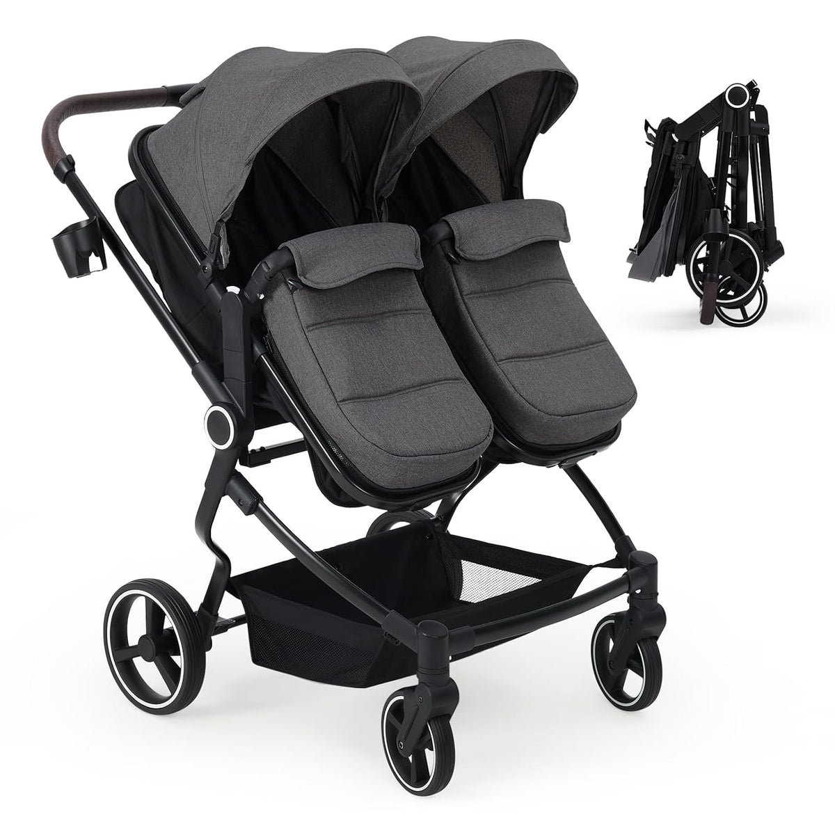 Double Stroller for Newborn & Toddler, Lightweight Tandem Stroller with Compact One-Hand Fold, Adjustable Recline & Extendable Canopy, Parent Cup Holders, Ideal for Twins & Kids Travel