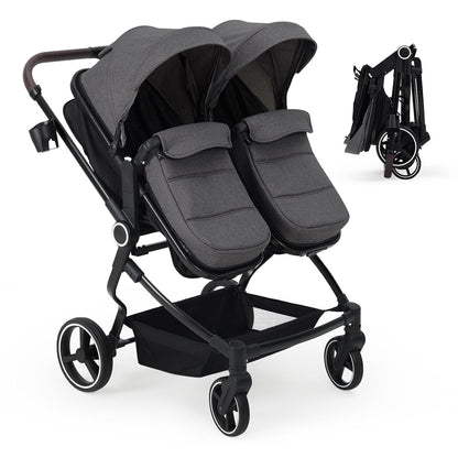 Double Stroller for Newborn & Toddler, Lightweight Tandem Stroller with Compact One-Hand Fold, Adjustable Recline & Extendable Canopy, Parent Cup Holders, Ideal for Twins & Kids Travel