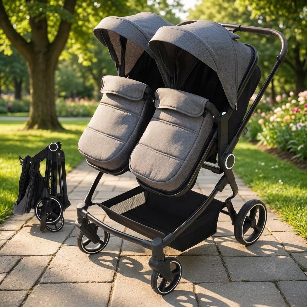 Double Stroller for Newborn & Toddler, Lightweight Tandem Stroller with Compact One-Hand Fold, Adjustable Recline & Extendable Canopy, Parent Cup Holders, Ideal for Twins & Kids Travel