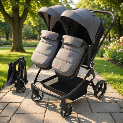 Double Stroller for Newborn & Toddler, Lightweight Tandem Stroller with Compact One-Hand Fold, Adjustable Recline & Extendable Canopy, Parent Cup Holders, Ideal for Twins & Kids Travel