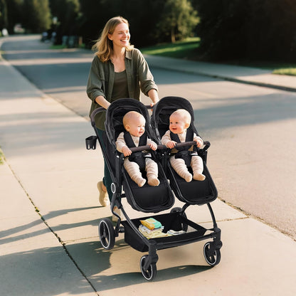 Double Stroller for Newborn & Toddler, Lightweight Tandem Stroller with Compact One-Hand Fold, Adjustable Recline & Extendable Canopy, Parent Cup Holders, Ideal for Twins & Kids Travel