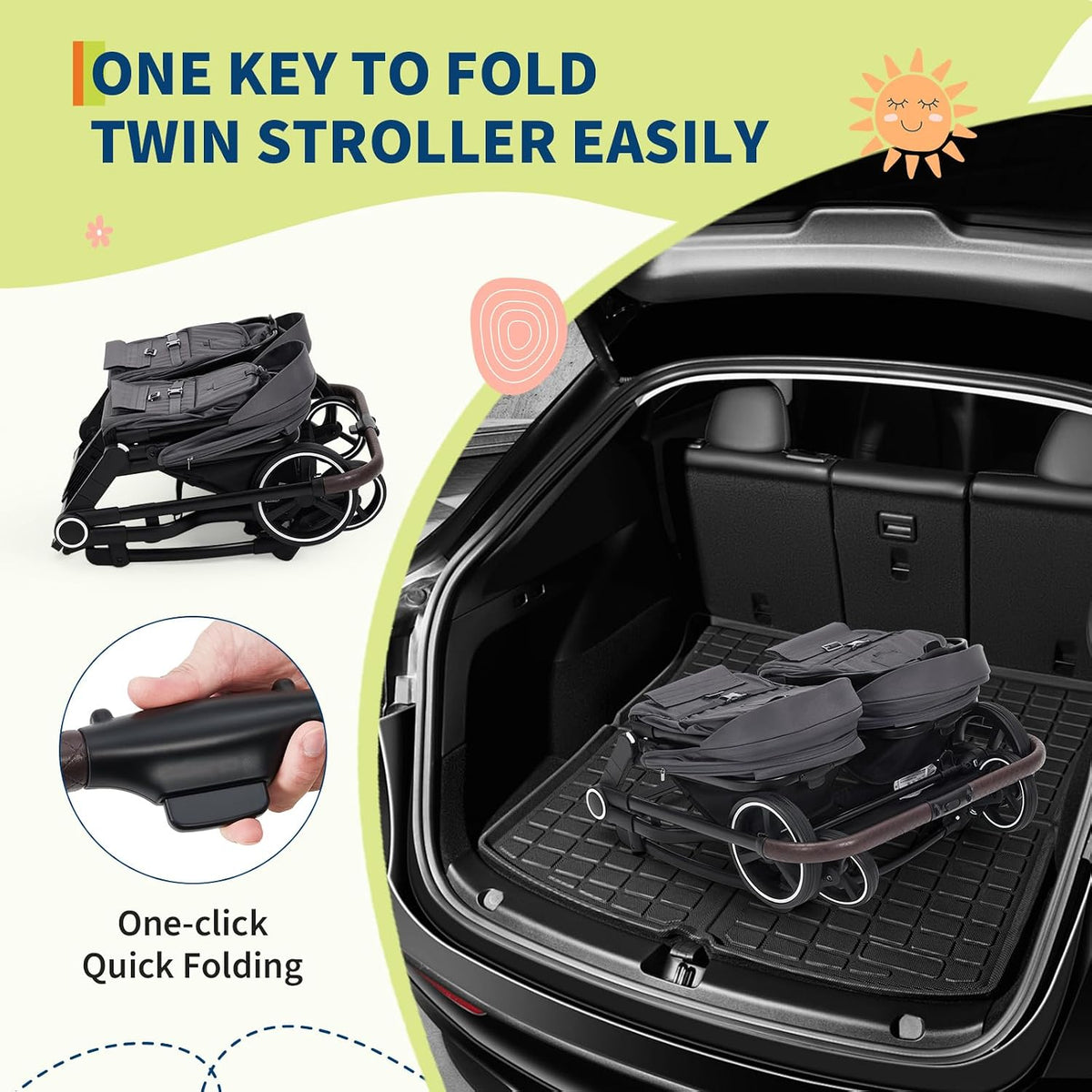 Double Stroller for Newborn & Toddler, Lightweight Tandem Stroller with Compact One-Hand Fold, Adjustable Recline & Extendable Canopy, Parent Cup Holders, Ideal for Twins & Kids Travel