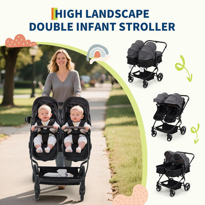 Double Stroller for Newborn & Toddler, Lightweight Tandem Stroller with Compact One-Hand Fold, Adjustable Recline & Extendable Canopy, Parent Cup Holders, Ideal for Twins & Kids Travel
