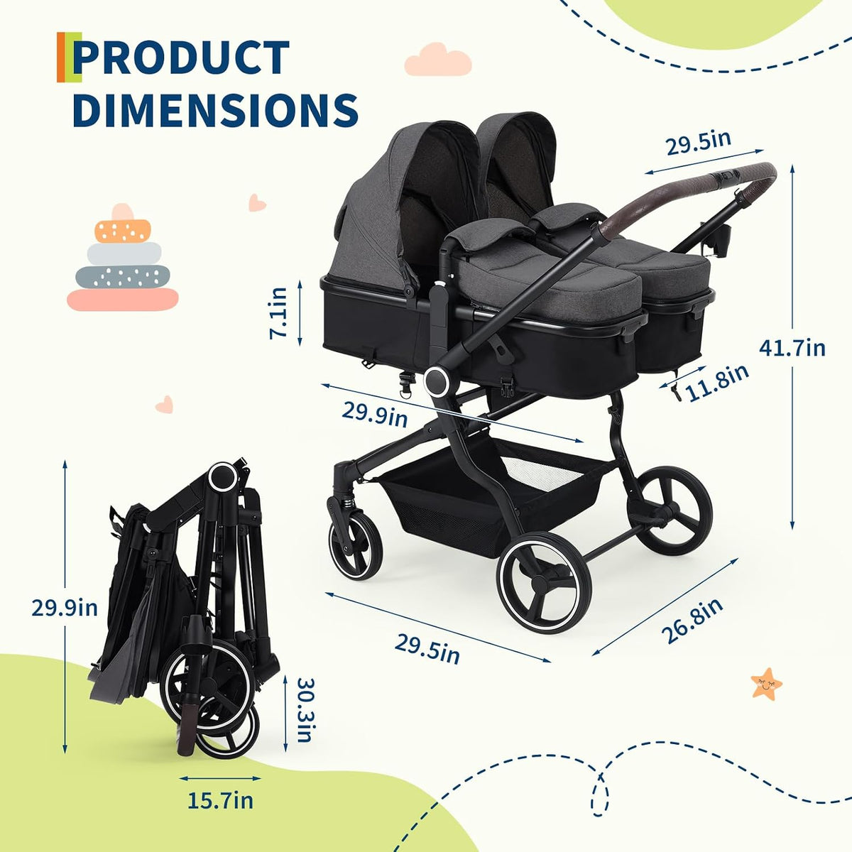 Double Stroller for Newborn & Toddler, Lightweight Tandem Stroller with Compact One-Hand Fold, Adjustable Recline & Extendable Canopy, Parent Cup Holders, Ideal for Twins & Kids Travel