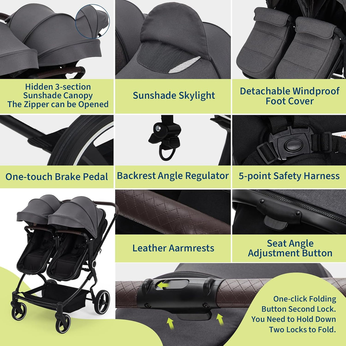 Double Stroller for Newborn & Toddler, Lightweight Tandem Stroller with Compact One-Hand Fold, Adjustable Recline & Extendable Canopy, Parent Cup Holders, Ideal for Twins & Kids Travel