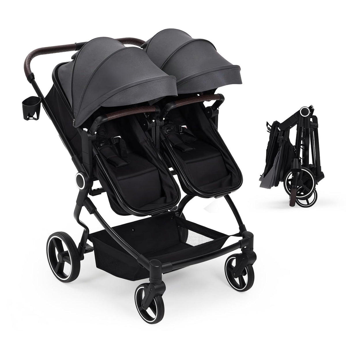 Double Stroller for Newborn & Toddler, Lightweight Tandem Stroller with Compact One-Hand Fold, Adjustable Recline & Extendable Canopy, Parent Cup Holders, Ideal for Twins & Kids Travel