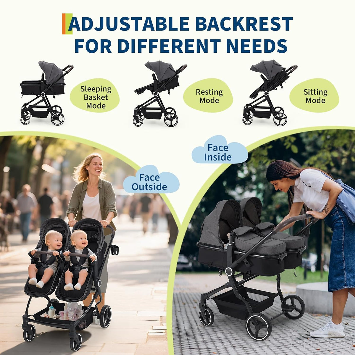 Double Stroller for Newborn & Toddler, Lightweight Tandem Stroller with Compact One-Hand Fold, Adjustable Recline & Extendable Canopy, Parent Cup Holders, Ideal for Twins & Kids Travel