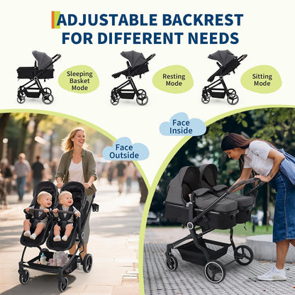 Double Stroller for Newborn & Toddler, Lightweight Tandem Stroller with Compact One-Hand Fold, Adjustable Recline & Extendable Canopy, Parent Cup Holders, Ideal for Twins & Kids Travel