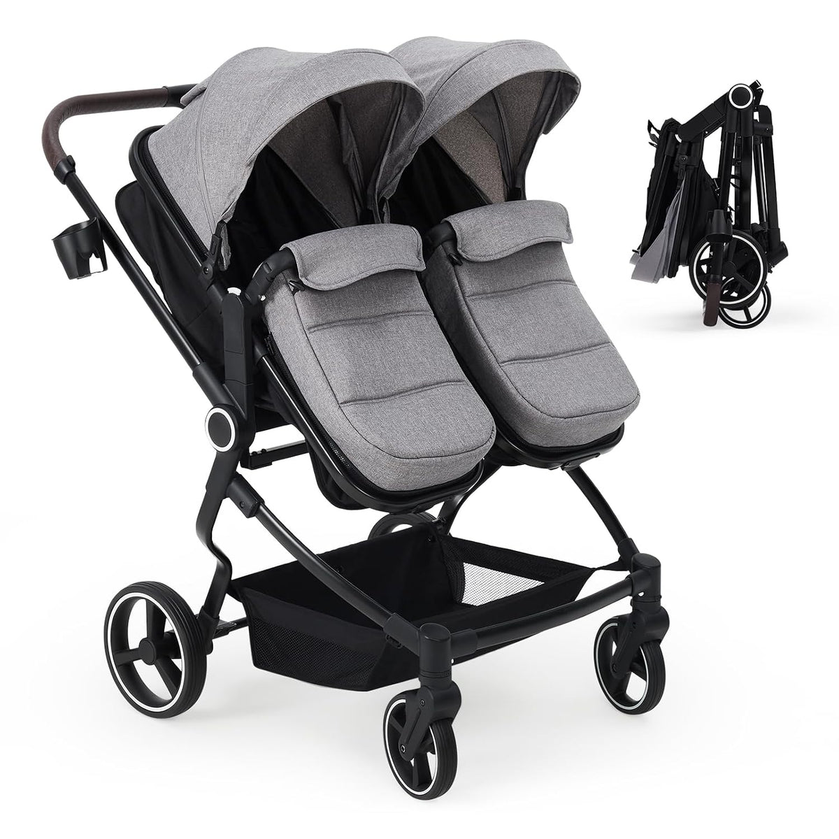 Double Stroller for Newborn & Toddler, Lightweight Tandem Stroller with Compact One-Hand Fold, Adjustable Recline & Extendable Canopy, Parent Cup Holders, Ideal for Twins & Kids Travel