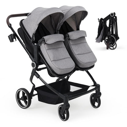 Double Stroller for Newborn & Toddler, Lightweight Tandem Stroller with Compact One-Hand Fold, Adjustable Recline & Extendable Canopy, Parent Cup Holders, Ideal for Twins & Kids Travel