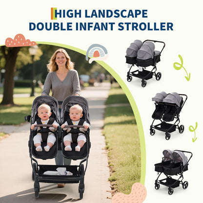 Double Stroller for Newborn & Toddler, Lightweight Tandem Stroller with Compact One-Hand Fold, Adjustable Recline & Extendable Canopy, Parent Cup Holders, Ideal for Twins & Kids Travel