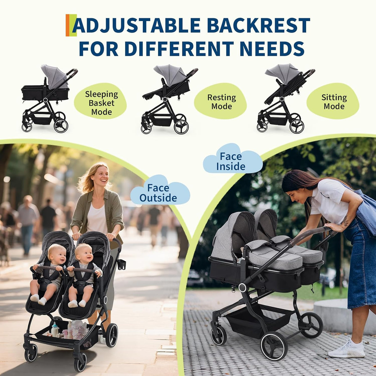 Double Stroller for Newborn & Toddler, Lightweight Tandem Stroller with Compact One-Hand Fold, Adjustable Recline & Extendable Canopy, Parent Cup Holders, Ideal for Twins & Kids Travel