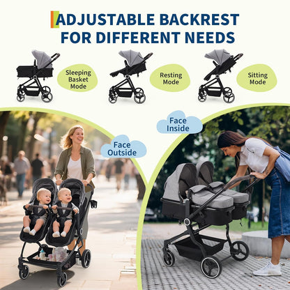 Double Stroller for Newborn & Toddler, Lightweight Tandem Stroller with Compact One-Hand Fold, Adjustable Recline & Extendable Canopy, Parent Cup Holders, Ideal for Twins & Kids Travel
