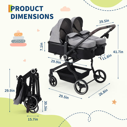 Double Stroller for Newborn & Toddler, Lightweight Tandem Stroller with Compact One-Hand Fold, Adjustable Recline & Extendable Canopy, Parent Cup Holders, Ideal for Twins & Kids Travel