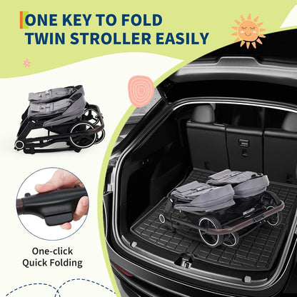 Double Stroller for Newborn & Toddler, Lightweight Tandem Stroller with Compact One-Hand Fold, Adjustable Recline & Extendable Canopy, Parent Cup Holders, Ideal for Twins & Kids Travel