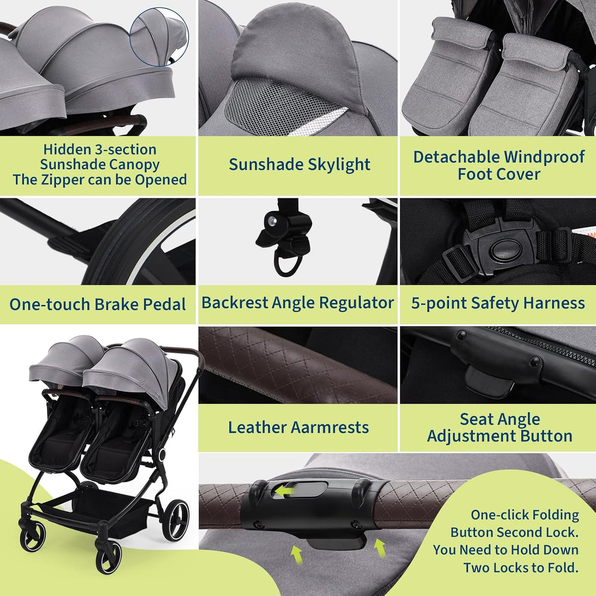 Double Stroller for Newborn & Toddler, Lightweight Tandem Stroller with Compact One-Hand Fold, Adjustable Recline & Extendable Canopy, Parent Cup Holders, Ideal for Twins & Kids Travel