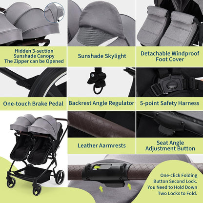 Double Stroller for Newborn & Toddler, Lightweight Tandem Stroller with Compact One-Hand Fold, Adjustable Recline & Extendable Canopy, Parent Cup Holders, Ideal for Twins & Kids Travel
