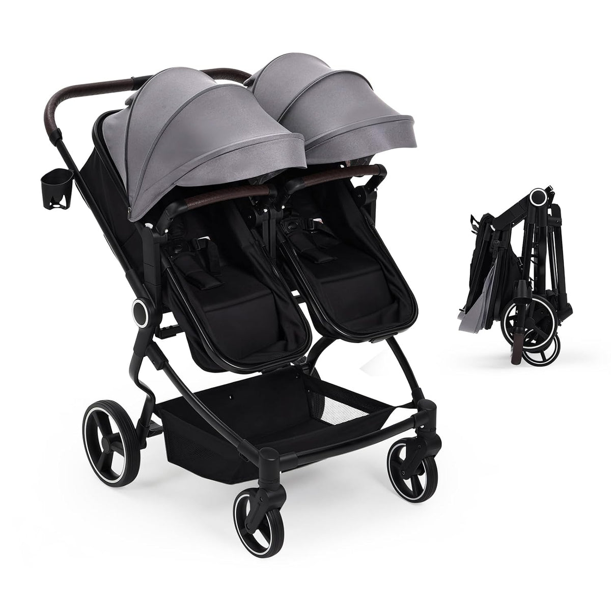 Double Stroller for Newborn & Toddler, Lightweight Tandem Stroller with Compact One-Hand Fold, Adjustable Recline & Extendable Canopy, Parent Cup Holders, Ideal for Twins & Kids Travel