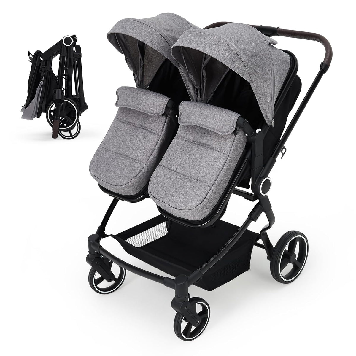 Double Stroller for Newborn & Toddler, Lightweight Tandem Stroller with Compact One-Hand Fold, Adjustable Recline & Extendable Canopy, Parent Cup Holders, Ideal for Twins & Kids Travel