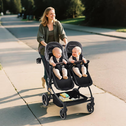Double Stroller for Newborn & Toddler, Lightweight Tandem Stroller with Compact One-Hand Fold, Adjustable Recline & Extendable Canopy, Parent Cup Holders, Ideal for Twins & Kids Travel
