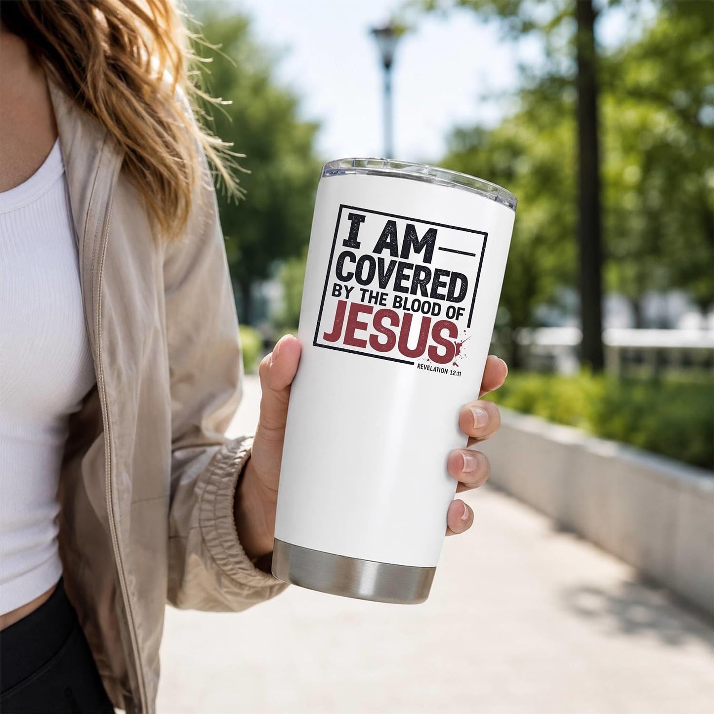 I Am Covered by the Blood of Jesus 20oz White Christian Tumbler | Scriptural Declaration of Faith for Believers Who Carry Spiritual Identity Into Everyday Life