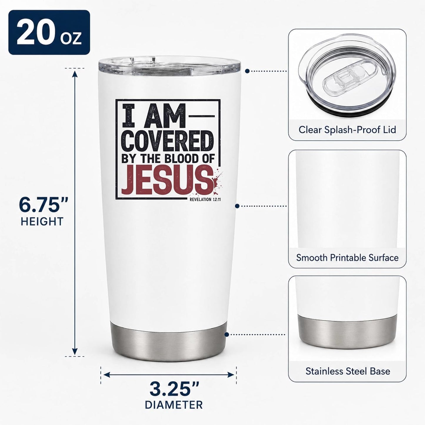 I Am Covered by the Blood of Jesus 20oz White Christian Tumbler | Scriptural Declaration of Faith for Believers Who Carry Spiritual Identity Into Everyday Life