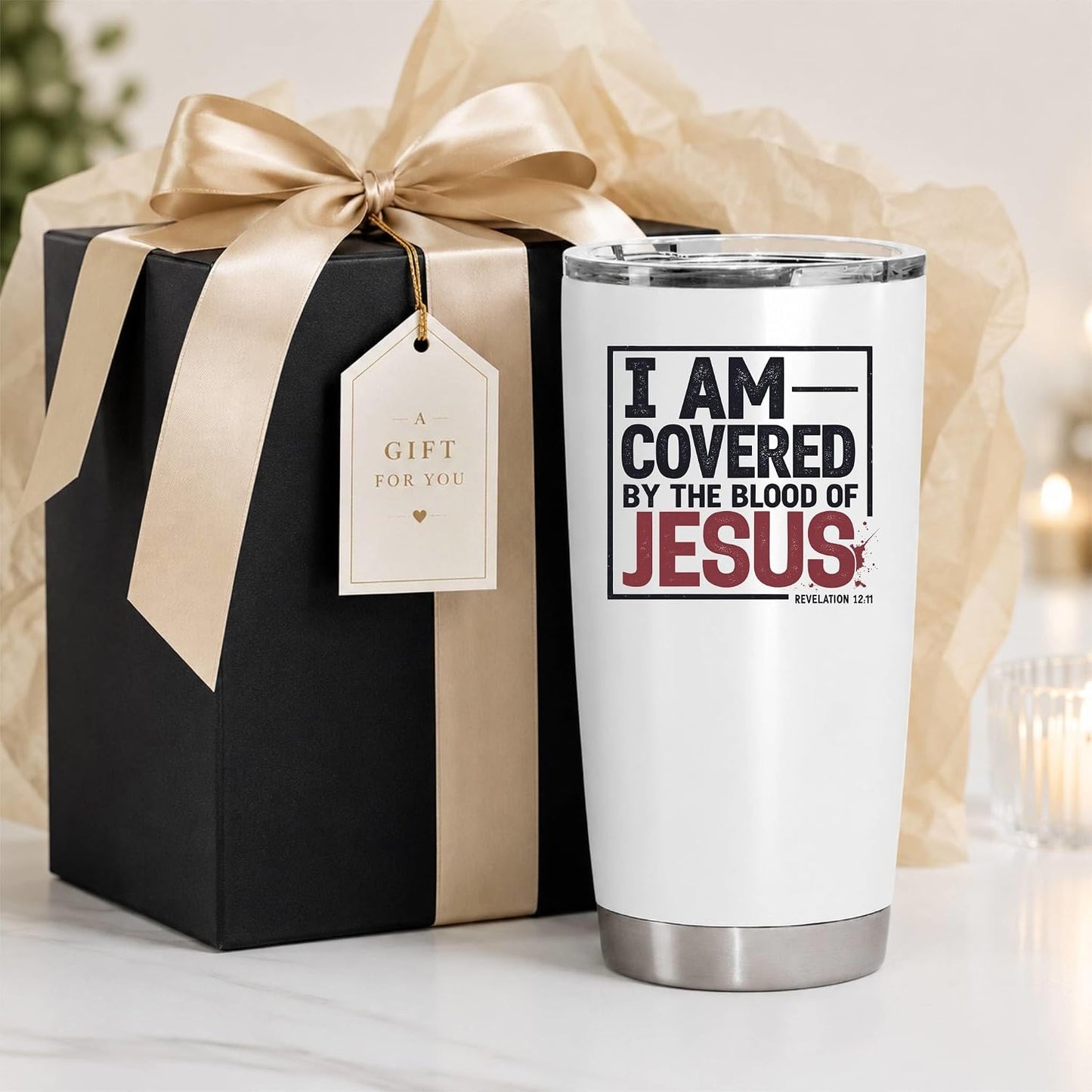 I Am Covered by the Blood of Jesus 20oz White Christian Tumbler | Scriptural Declaration of Faith for Believers Who Carry Spiritual Identity Into Everyday Life