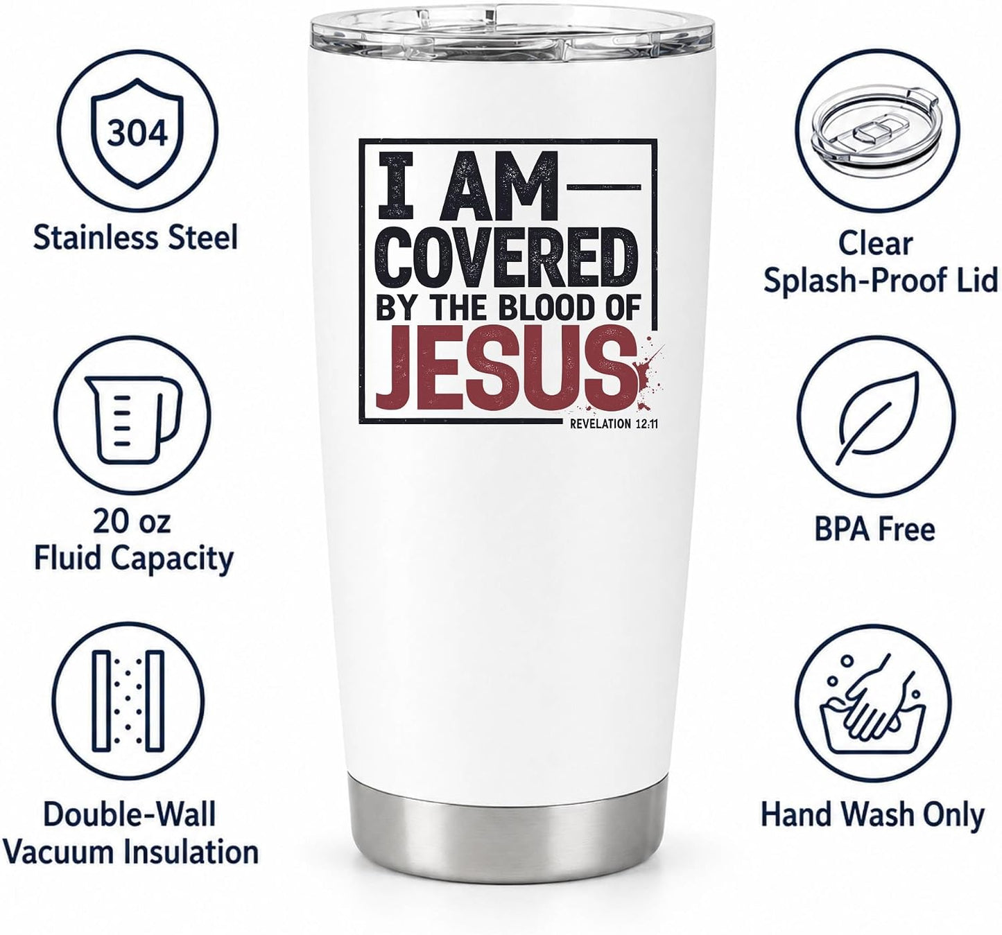 I Am Covered by the Blood of Jesus 20oz White Christian Tumbler | Scriptural Declaration of Faith for Believers Who Carry Spiritual Identity Into Everyday Life